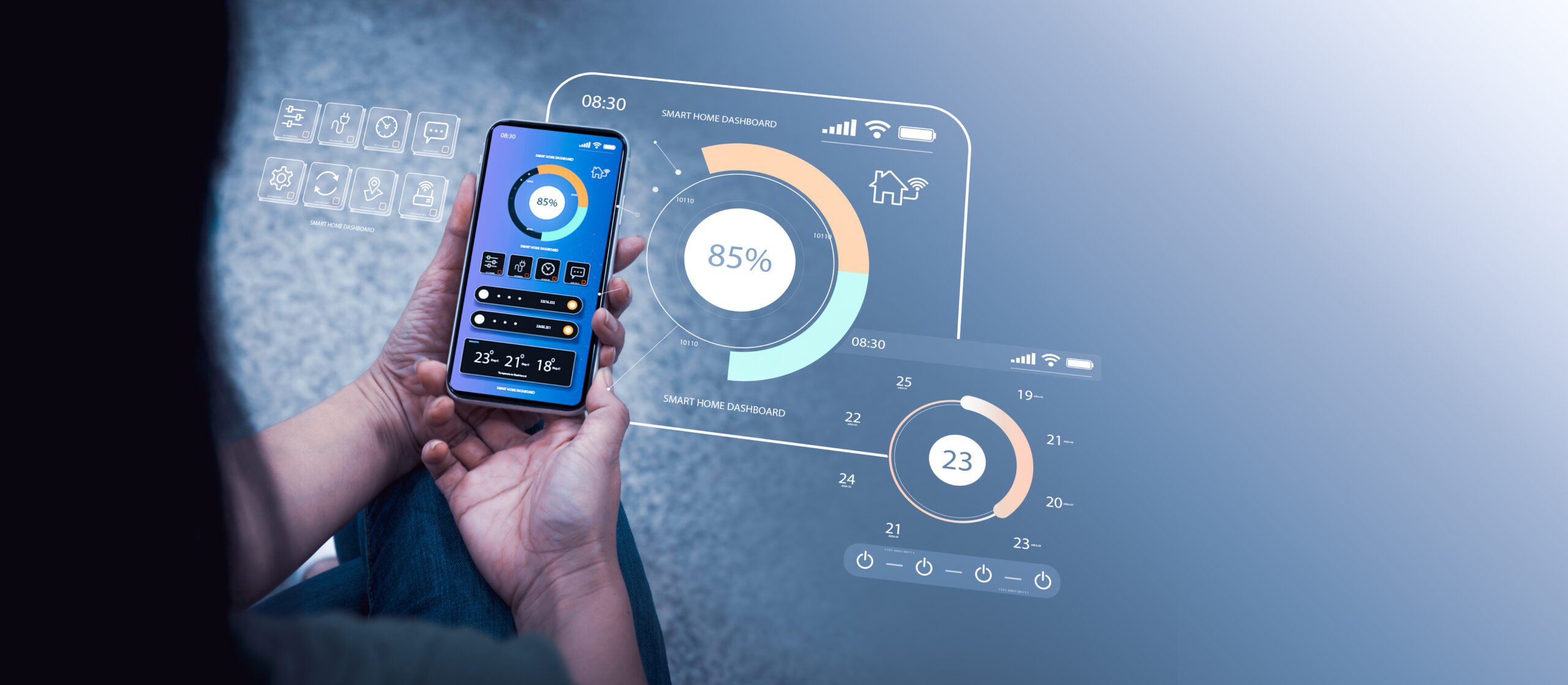 The smartphone app screen of a smart home technology interface displays an augmented reality (AR) view of internet of things (IOT) linked gadgets within the residence, with user holding the device.